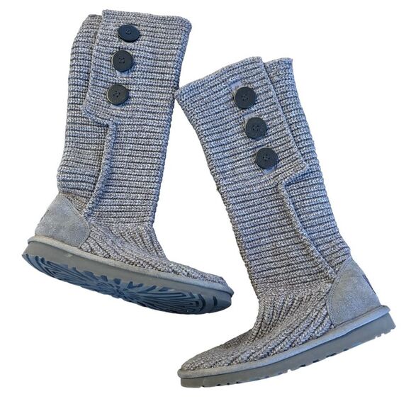 UGG Cardy II Gray Knit Button/Fold Over Boots Size 7 - Picture 1 of 9
